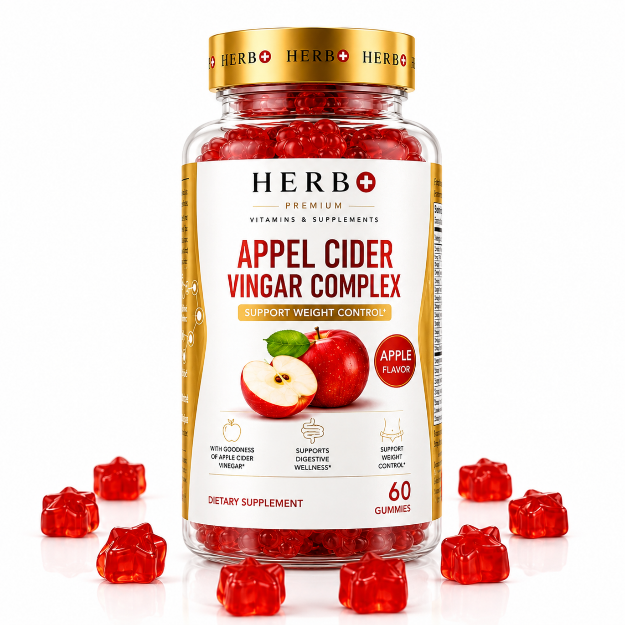 A bottle of Herbo Premium Apple Cider Vingar Complex dietary supplement gummies, shown with red gummy bears scattered around its base on a clean white background.