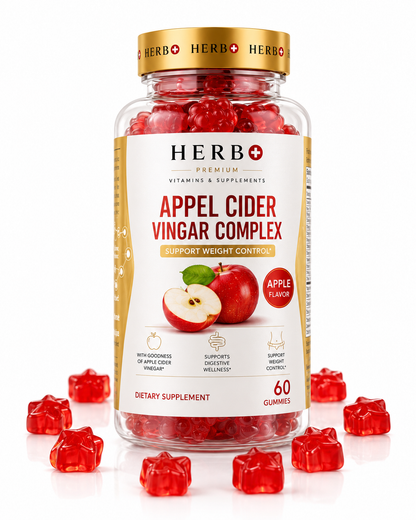 Jar of Herb+ Apple Cider Vinegar Complex gummy supplement with red gummies on a white background