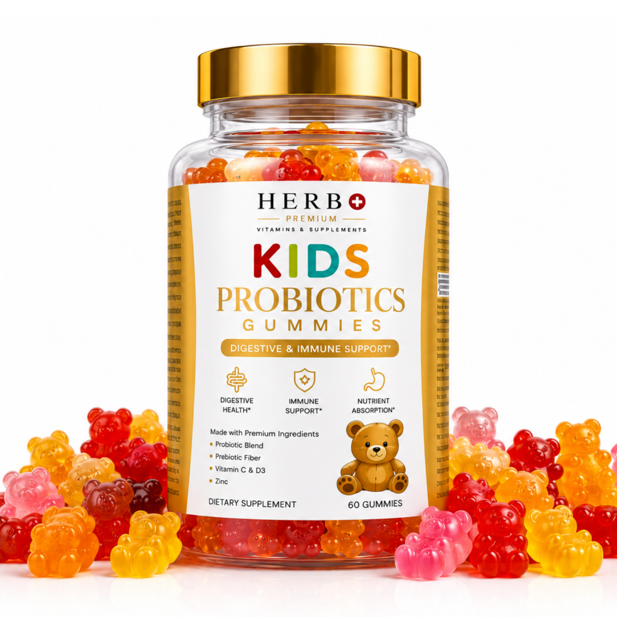 Jar of Kids Probiotics Gummies with colorful gummy bears on a white background