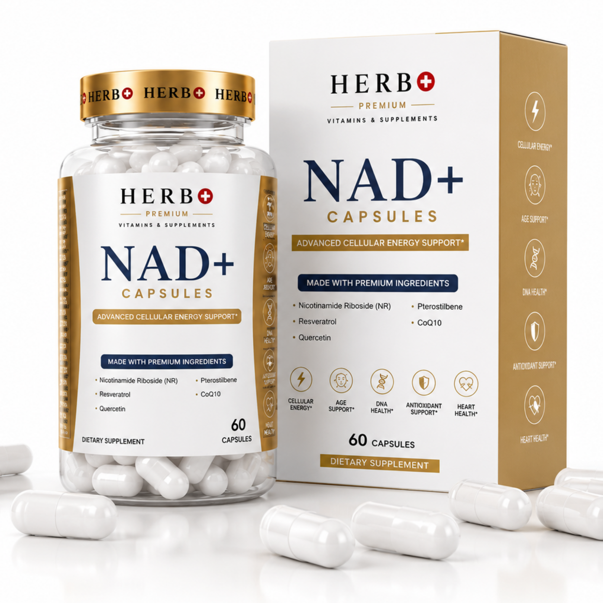 Herb+ NAD+ capsules packaging with bottle and box on a white background