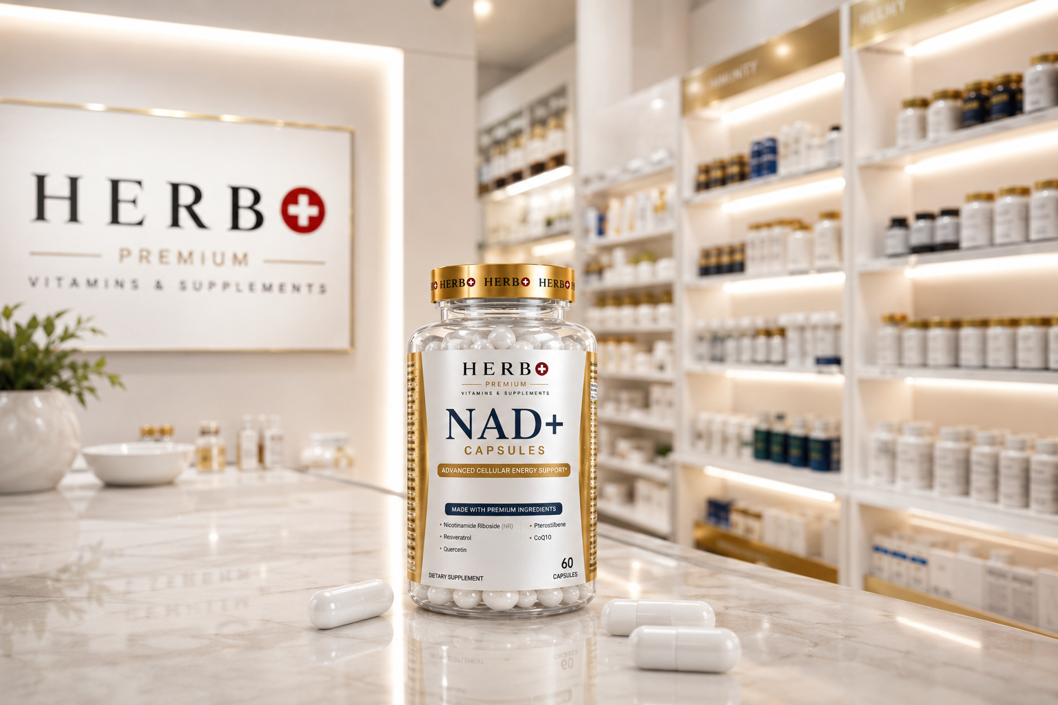 Herb supplement bottle on a counter with shelves in the background