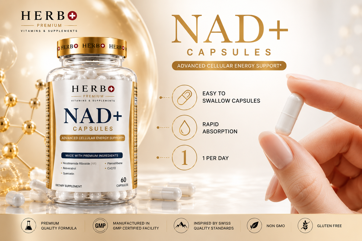 Herb+ NAD+ capsules packaging with a hand holding a capsule, set against a light background.
