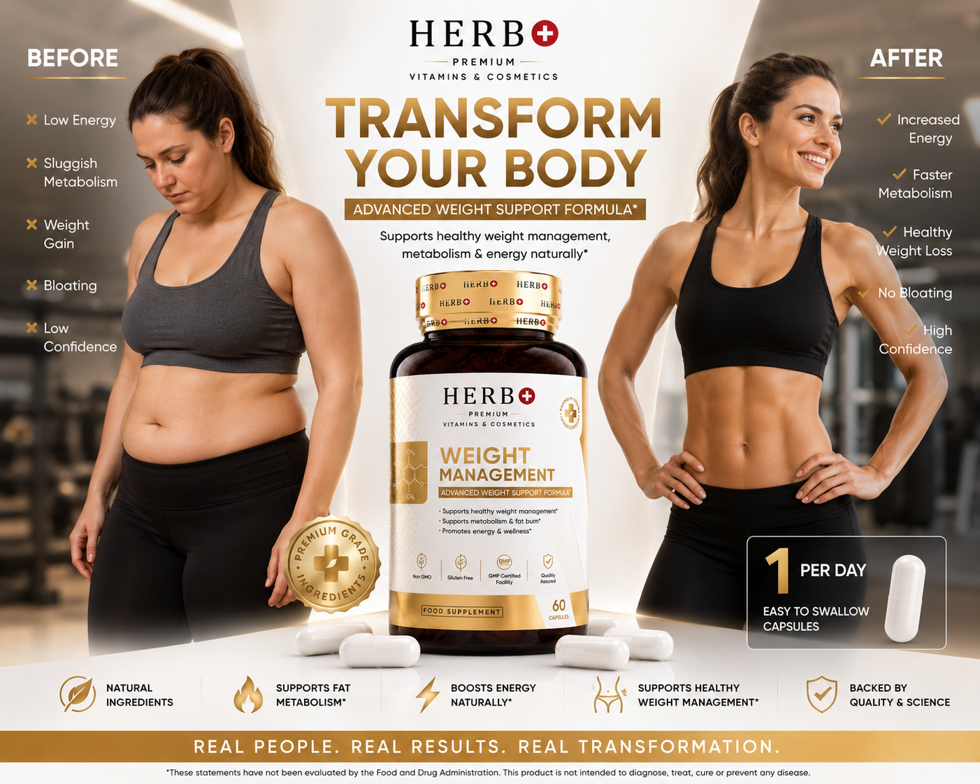 Advertisement for HERB Premium vitamins and cosmetics showing a transformation from 'Before' to 'After' with a woman.
